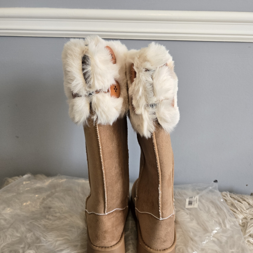 Tall Faux-Fur Cuff Tan Suede Boot - Picture 3 of 5